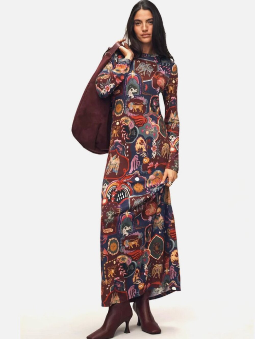 Farm Rio Anthropologie Surreal Artsy Graphic Fitted Maxi Dress Cats Birds S NWT